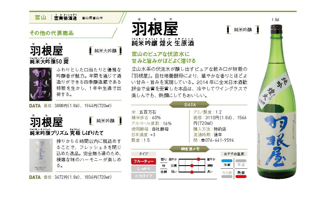 大正5年(1916年)創業の蔵元。富山県富山市にあり、澄んだ伏流水を使用した日本酒を醸造しています。 富美菊酒造が古くから使っている屋号を冠した「羽根屋」は、ごく一部の特約店にのみ流通している限定流通品。「飛翔する翼のように、呑む人の心が浮き立つような日本酒として存在したい」という願いが込められて造られているそうです。