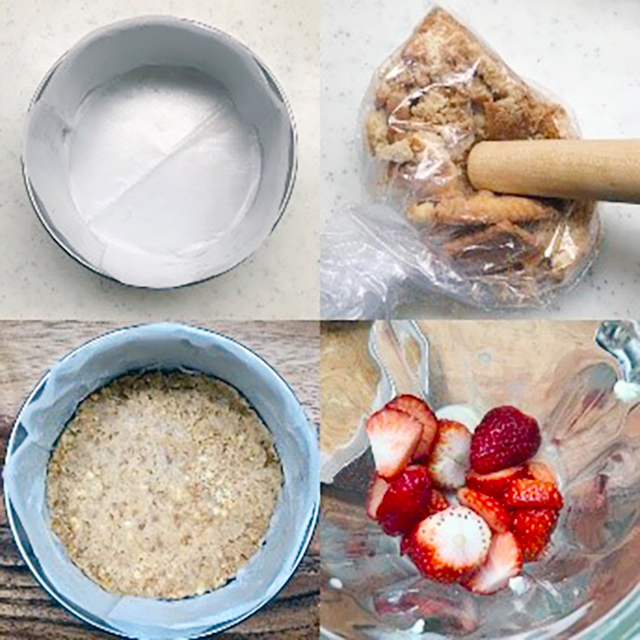 ビスケットは、厚手のビニール袋に入れ、麺棒でたたいて細かく砕きます。