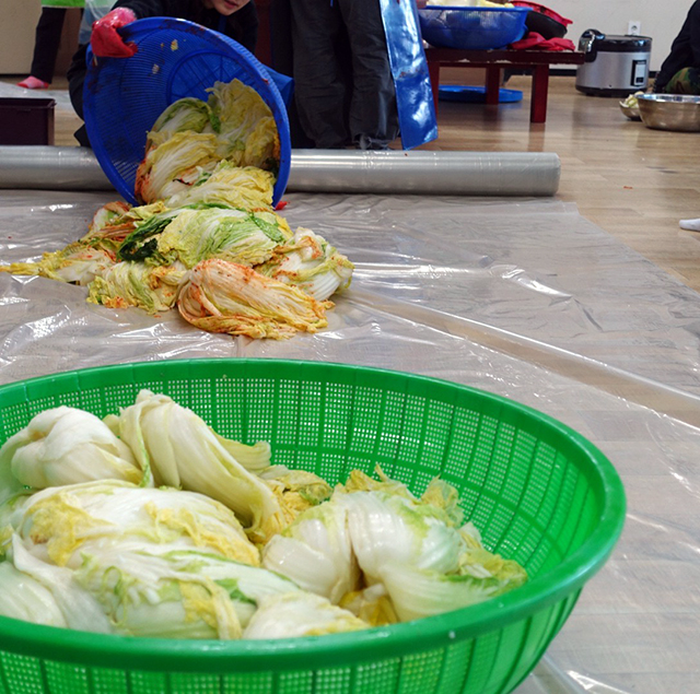 ビニールシートが広げられた。そしてそこへ下漬けされた白菜が積まれ、その横にヤンニョムが流された。